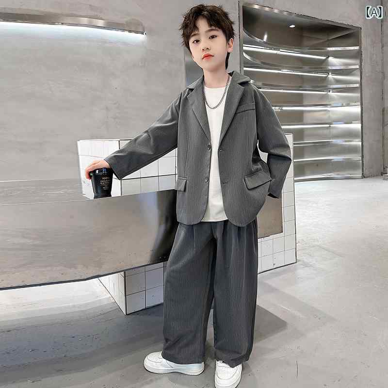 セットアップ キッズ 男の子 ジュニア 春秋 韓国風 カジュアル スーツ ジャケット ハーフパンツ 2点セット 綿混 グレー おしゃれ スタイリッシュ 入学式 卒業式 発表会 結婚式 七五三