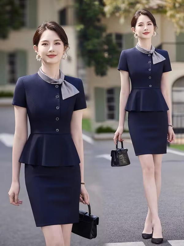 レディーススーツ 半袖 セットアップ 春夏 オフィス ビジネス エレガント 受付 接客 事務服 制服 スカート ポリエステル レーヨン ブルー ブラック グレー