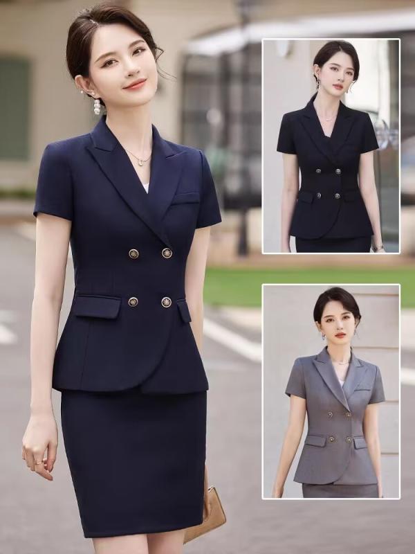 スーツ レディース 春夏 ビジネス セットアップ オフィス 事務服 制服 受付 営業 通勤 宝飾店 美容院 接客 半袖 ショートスカート ポリエステル レーヨン ブルー ブラック グレー