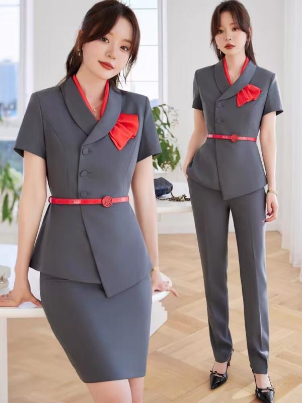 スーツ レディース 女性用 グレー 半袖 春夏 ジャケット セットアップ 大きいサイズ ゆったり フォーマル ビジネス オフィス 通勤 ワーク きれいめ 上品 ポリエステル 伸縮性