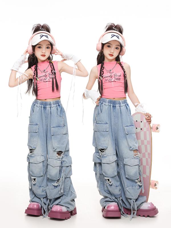 キッズ 女の子 ガールズ ダンスウェア ダンス服 セットアップ 韓国風 ジャズダンス ヒップホップ 衣装 発表会 演出服 クロップド丈 ベスト デニムパンツ 練習着 春夏