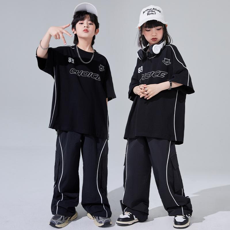 セットアップ キッズ 女の子 ジュニア ジャズダンス ストリートダンス ヒップホップ 発表会 ステージ衣装 練習着 半袖 長ズボン トレンド ストリート系 おしゃれ コットン ブラック 夏物