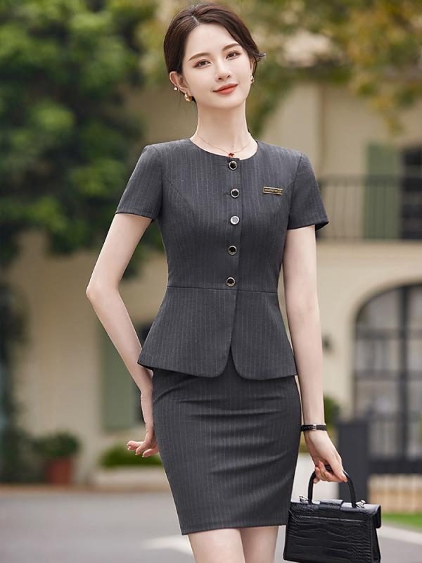 セットアップ レディース 半袖 夏 オフィス ビジネス 通勤 ジャケット 制服 ユニフォーム ホテルマネージャー 美容師 宝飾店 事務服 エレガント 上品 きれいめ スーツ ポリエステル ビスコース|Hanbok Home