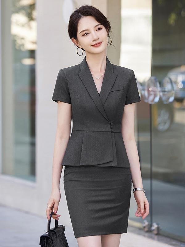 セットアップ レディース 3分袖 薄手 ポリエステル レーヨン ビジネス ジャケット スカート パンツ 制服 黒 青 グレー オフィス 通勤 接客 エレガント 上品 春夏