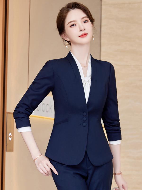 スーツ レディース セットアップ ブルー 青色 秋冬 長袖 エレガント 上品 フォーマル オフィス ビジネス 事務服 制服 ホテル 美容院 受付 接客業 ユニフォーム 仕事着