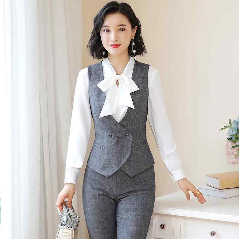 セットアップ レディース グレー 格子柄 ベスト ジレ ビジネススーツ オフィスウェア 通勤 接客 事務服 制服 ツーピース 春夏 ウエストシェイプ ノースリーブ