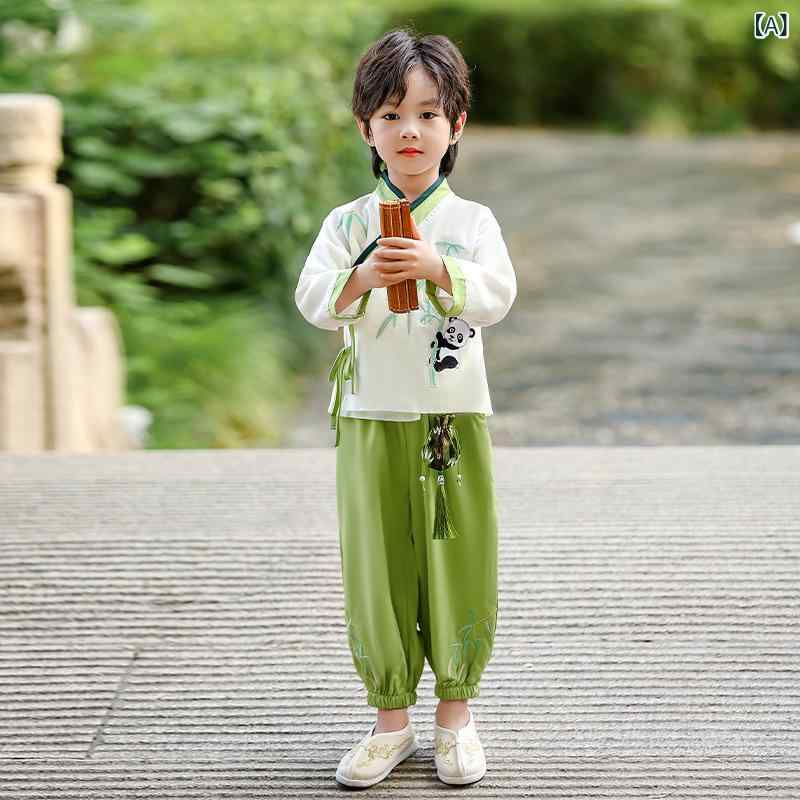 漢服 キッズ 男女兼用 長袖 かわいい 無地 民族風 中国風 伝統スタイル 国学スタイル 唐装 発表会 舞台衣装 イベント 綿混紡 ポリエステル素材 普通地 秋 セットアップ