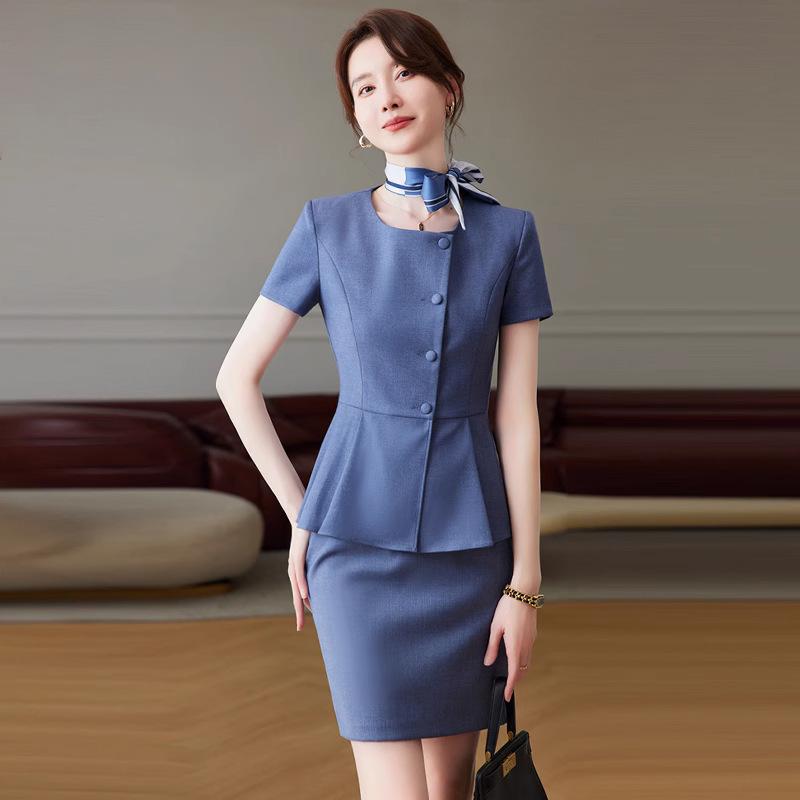 セットアップ レディース ビジネスウェア スカートスーツ 制服 事務服 ユニフォーム 接客業 受付 事務職 販売員 七分袖 ショート丈 ポリエステル レーヨン 夏 上品 通勤 オフィスカジュアル