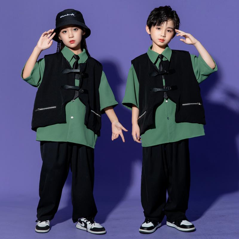 ダンス衣装 キッズ 男の子 女の子 ジュニア ストリートダンス ジャズダンス 発表会 練習着 セットアップ 半袖シャツ 長ズボン ベスト ゆったり ルーズフィット 韓国風 綿 ポリエステル 混紡 春夏 グリーン ブラック
