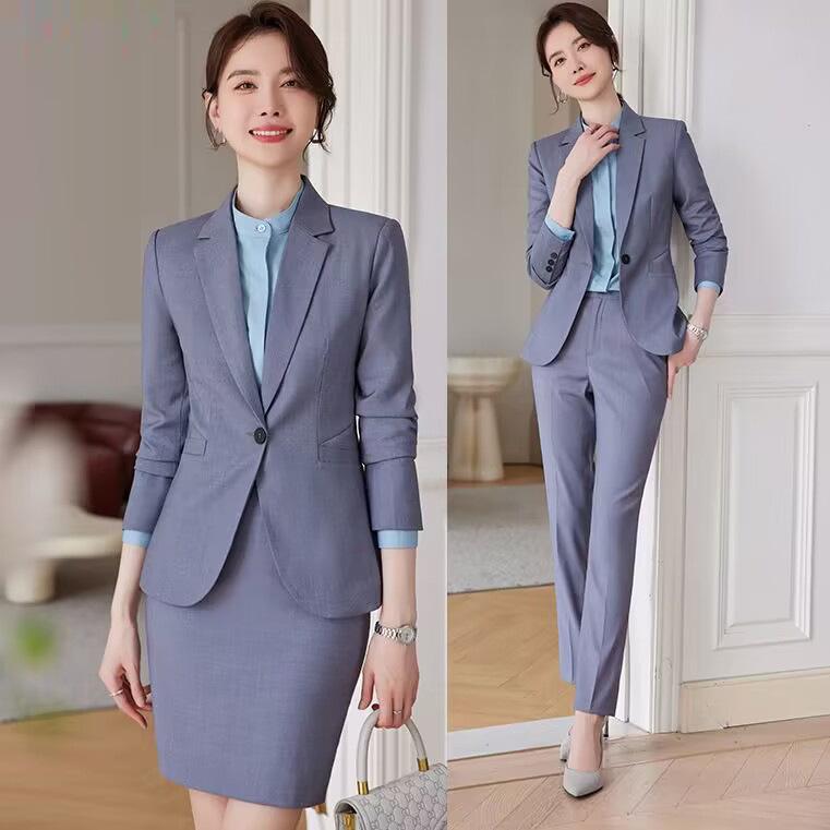 スーツ レディース セットアップ 春秋 ポリエステル レーヨン オフィス ビジネス フォーマル 制服 テーラードジャケット グレー ネイビー ブラック ゆったりサイズ 上品