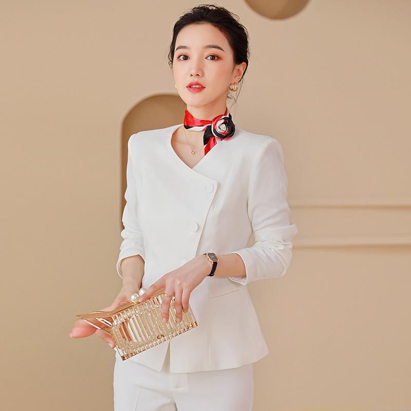 スーツ レディース 大きいサイズ 長袖 テーラードジャケット セットアップ オフィス ビジネス 通勤 接客 制服 ユニフォーム 白 ポリエステル 混紡素材 伸縮性 春夏