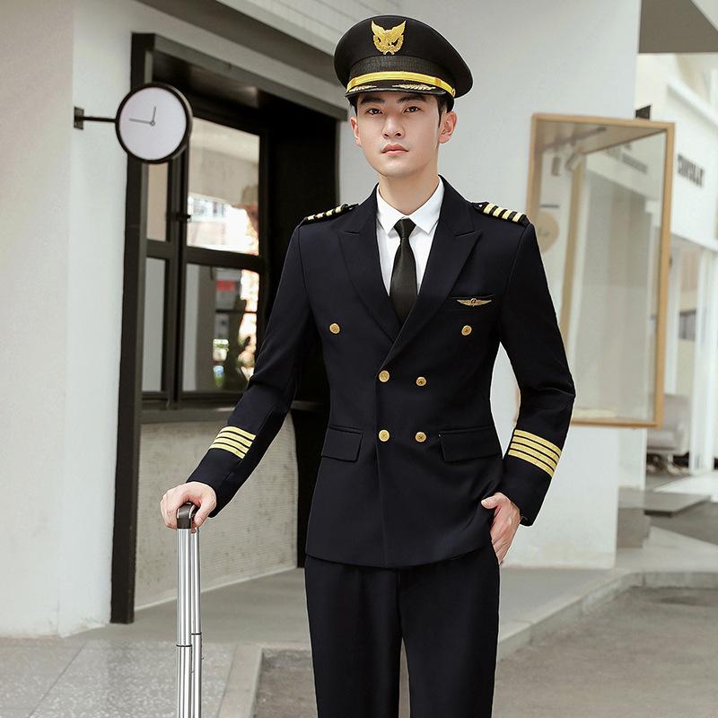 制服 メンズ スーツ セットアップ 航空 パイロット 警備員 専門学校 軍隊 作業服 ワークウェア ビジネス フォーマル 高品質 スリムフィット ジャケット スラックス ポリエステル アセテート混紡 ネイビー ブラック 春秋