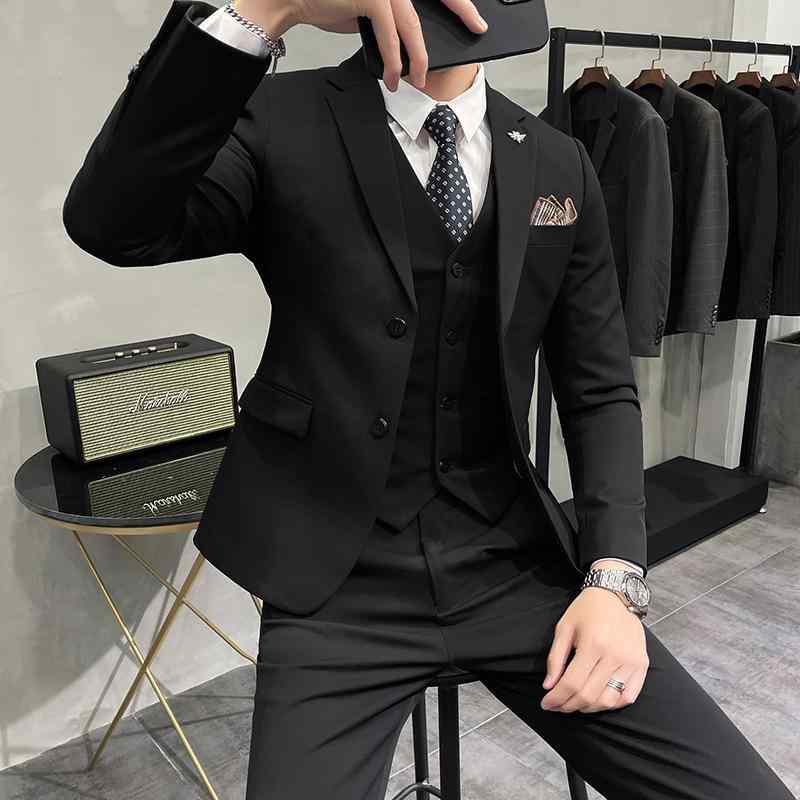 スーツ メンズ 男性用 セットアップ 通年 スリムフィット ダブルボタン スリーピース ビジネス フォーマル 無地 シンプル 通勤 結婚式 化学繊維混紡 ブラック グレー系