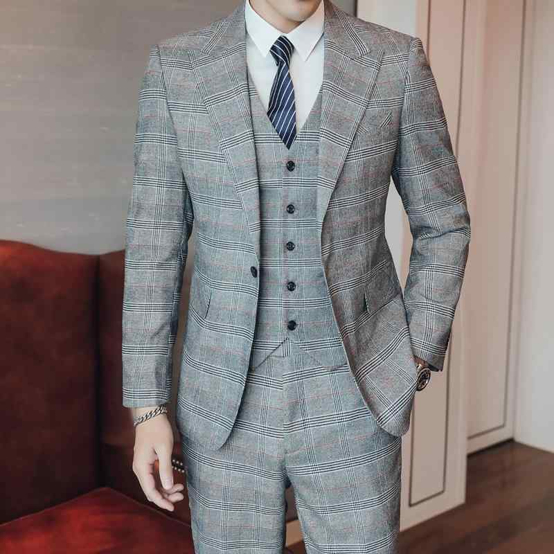 スーツ メンズ 男性用 秋冬 スリムフィット 上品 スリーピース セットアップ 新郎 結婚式 披露宴 礼服 フォーマル セレモニースーツ ビジネス パーティー 韓国風 ライトグレー