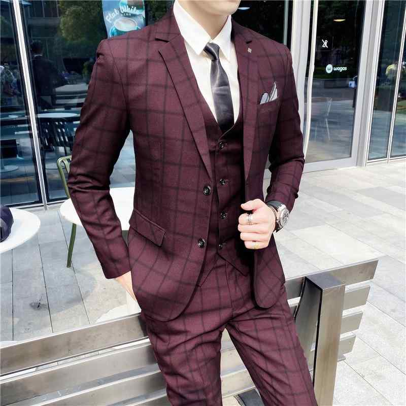 スーツ メンズ スリーピース セットアップ 男性用 紳士 ビジネス フォーマル 結婚式 披露宴 ウェディング 礼服 ベストマン チェック柄 スリム 細身 韓国スタイル 春秋 シングルボタン 混紡素材 ブラック グレー レッド