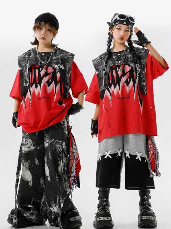 キッズ ダンス衣装 男の子 女の子 ストリート ヒップホップ HIPHOP 発表会 舞台 半袖 ロングパンツ 夏物 ポリエステル スポーツウェア 練習着