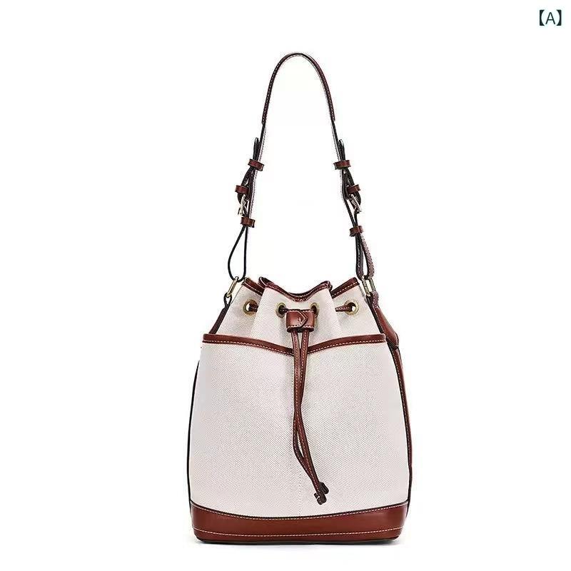バッグ レディース 女性用 デニム 帆布 キャンバス 切り替え バケット 巾着 手提げ 肩掛け ショルダー レトロ おしゃれ ソフト 日常 デイリーユース デニムブルー ブラウン 秋冬