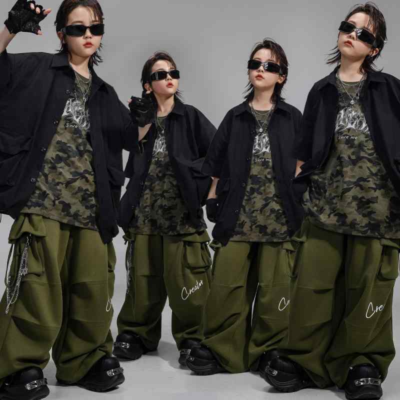 ダンス衣装 キッズ ヒップホップ ストリート 半袖 迷彩柄 トップス パンツ 子供用 男女兼用 発表会 練習着 夏服 伸縮素材｜Hanbok Home
