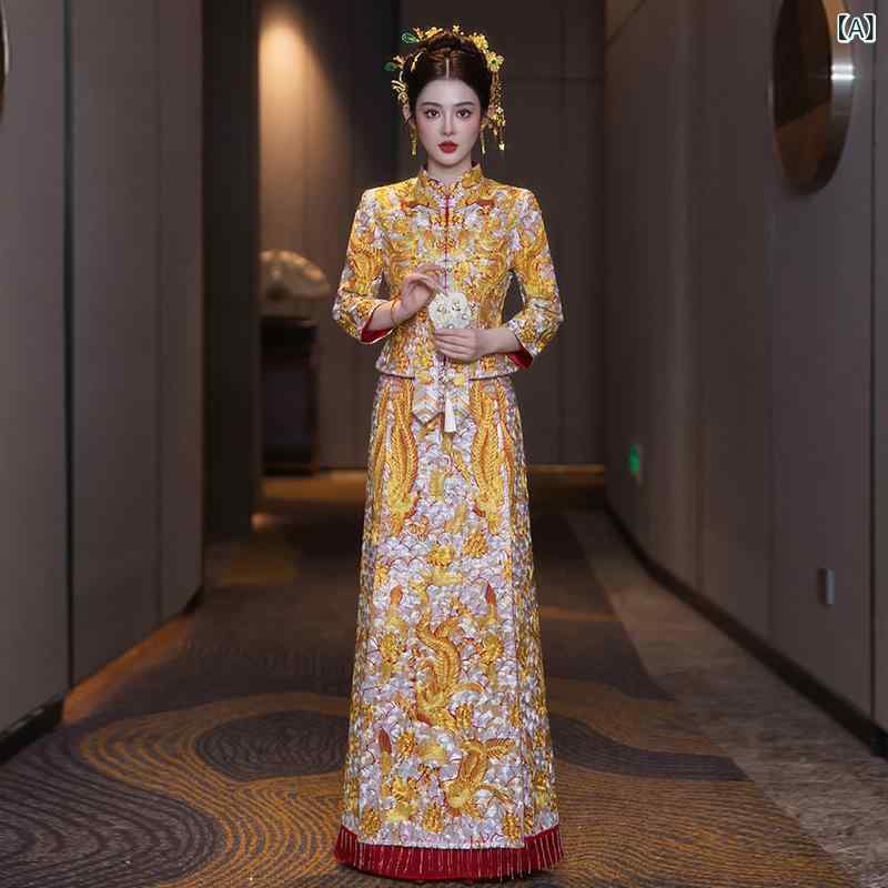 秀禾服 レディース ゴールド 金色 豪華 高級感 ウェディングドレス チャイナドレス 結婚式 披露宴 花嫁衣装 立襟 長袖 ロングドレス ビーズ装飾 春夏