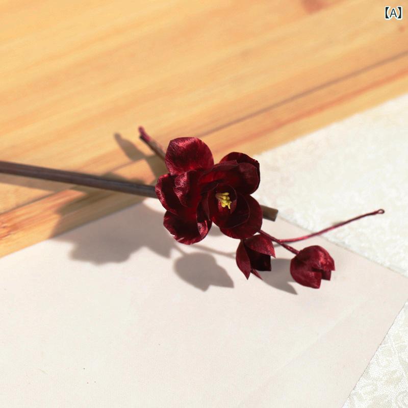 簪 レディース 絨花 紅芍薬 新中華風 絹製 透かし細工 古風 漢服スタイル 檀木製 髪飾り お祝い フォーマル