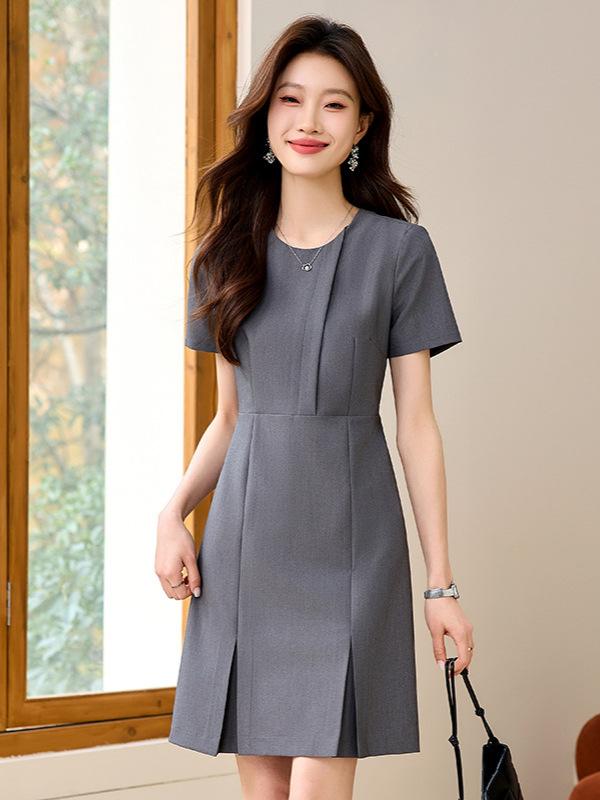 ワンピース レディース 半袖 ウエストマーク 細見え 切り替え オフィス ビジネス 通勤 ワークウェア 制服 美容院 エステ 受付 医療事務 春夏 ポリエステル ストレッチ しわになりにくい Aライン クルーネック ミドルウエスト 上品 エレガント