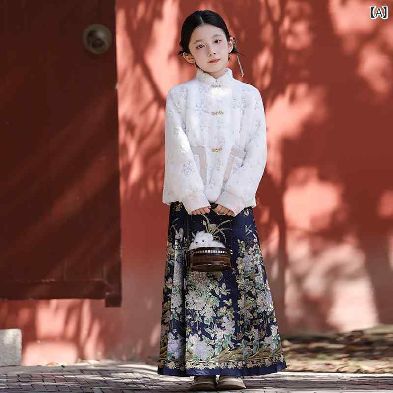 漢服 お嬢さん 秋冬 マーメンスカート 書き割り ? 紺 朦々たる ポリエステル混紡 綿裏地 パステル色の 中華風 唐装 国風 新年 普遍化柄 ちびっ子
