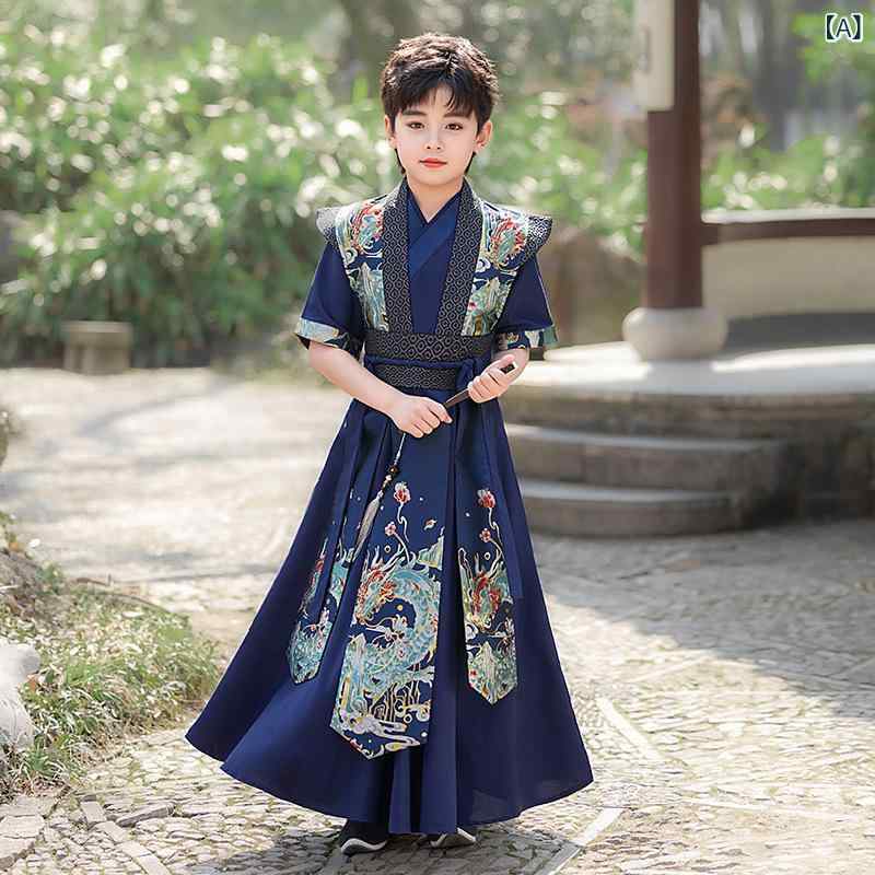 漢服 男の子 ジュニア 半袖 夏 薄手 唐装 古風 国学服 民族衣装 ストライプ柄 ソフトタッチ イベント 発表会 お祭り コスチューム ポリエステル混紡 お坊ちゃんスタイル