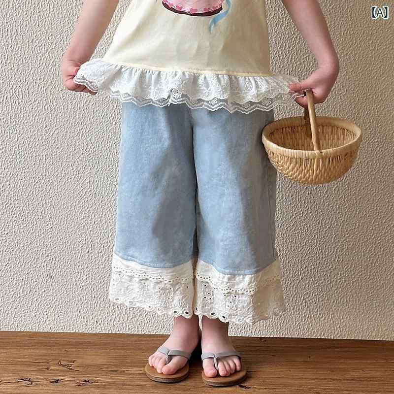 デニムパンツ 女の子 キッズ 子供 ジーンズ 夏 薄手 ストレート ワイド ゆったり 九分丈 アンクル丈 ウエストゴム 綿 ソフト加工 普段使い ブルー