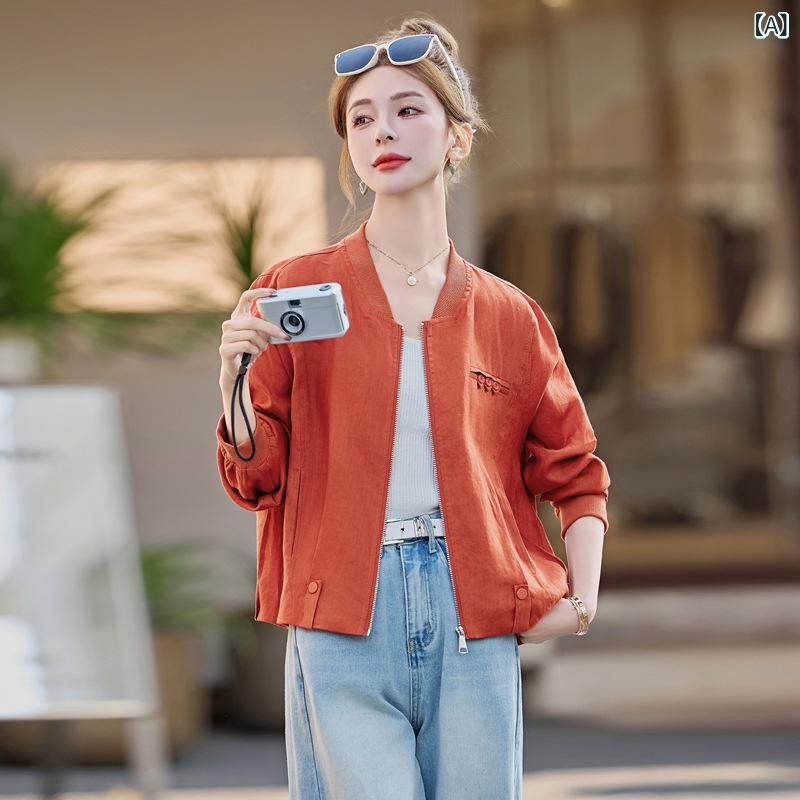 ジャケット レディース 夏 サマー 薄手 ライトアウター リネン 麻 ショート丈 ゆったり ルーズ 体型カバー UVカット 野球ブルゾン ジップアップ カジュアル おしゃれ ママコーデ
