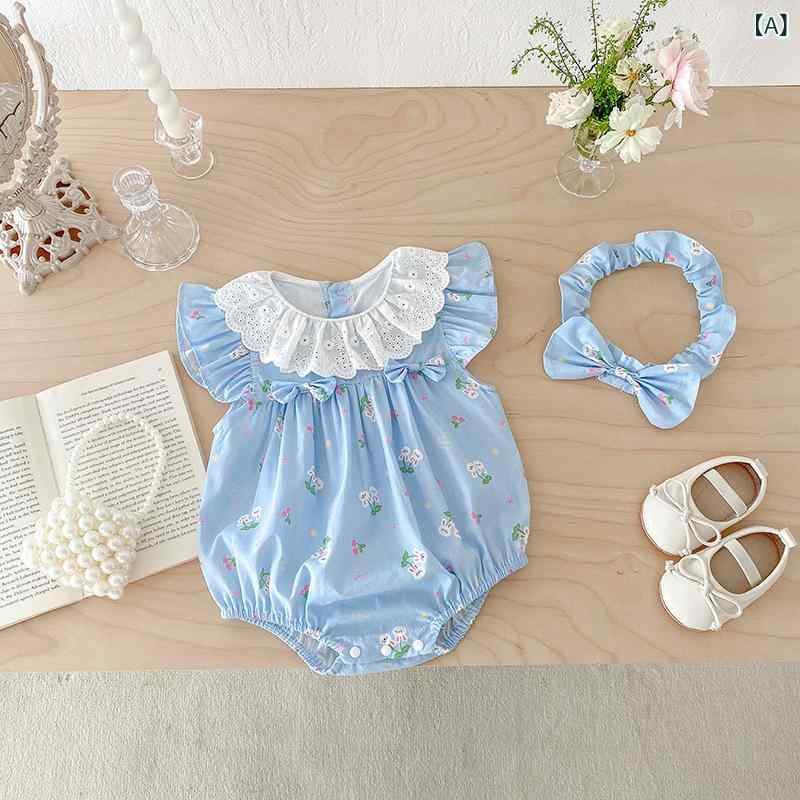 ベビー服 女の子 半袖 ドールカラー ロンパース カバーオール ワンピース ドレス コットン100% 薄手 春夏 普段着 お出かけ 姉妹コーデ ブルー系 うさぎ柄 韓国風 A類認定