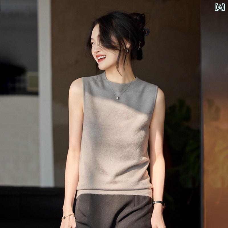 Tシャツ レディース 春夏 精紡カシミヤ 半ハイネック プルオーバー ノースリーブ リブ 薄手 着回し ミストグレー 通勤 オフィス デイリー トップス カットソー