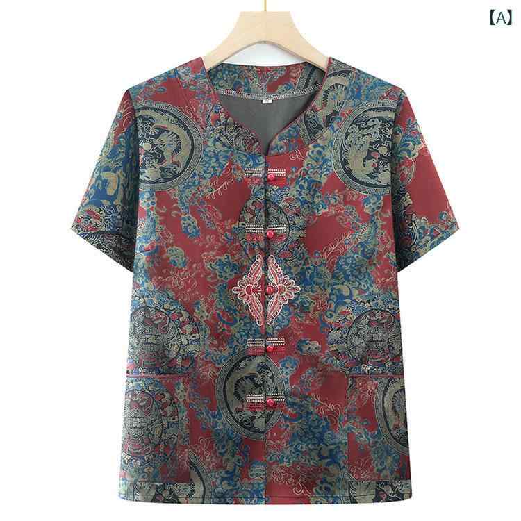 チャイナトップス レディース シニア ミセス 女性用 半袖 薄手 夏物 着痩せ効果 中華風 唐装 上品 エレガント ポリエステル Vネック レッド ネイビー