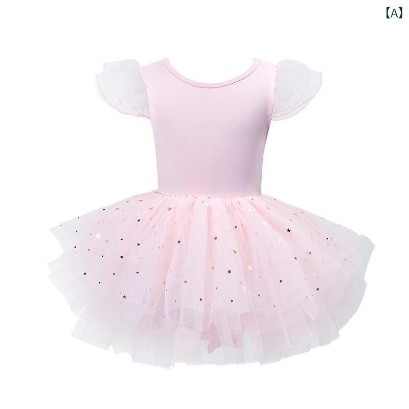 ワンピース 女の子 キッズ ダンス バレエ レオタード 練習着 発表会 衣装 フリル袖 ノースリーブ チュールスカート フリル裾 プリント 再生繊維 ポリエステル コットン 柔らかな肌触り