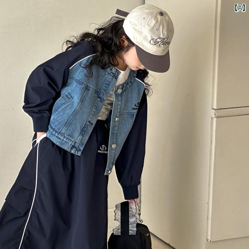 ジャケット ガールズ 女の子 デニムジャケット Gジャン 春秋 韓国風 キッズアウター おしゃれ 丸襟 ショート丈 カジュアル ゆったり 通学 長袖 綿素材 ブルー トレンド