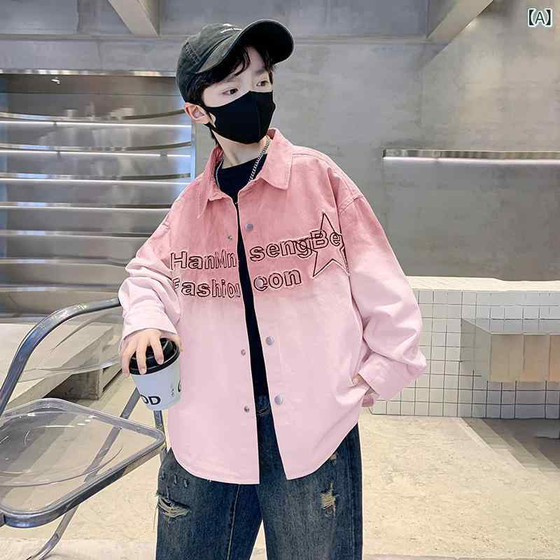 シャツ 男の子 キッズ ジュニア 子供服 春秋 綿 コットン 長袖 襟付き ロゴ アルファベット柄 ソフトタッチ ストリート系 カジュアル トップス アウター 羽織り
