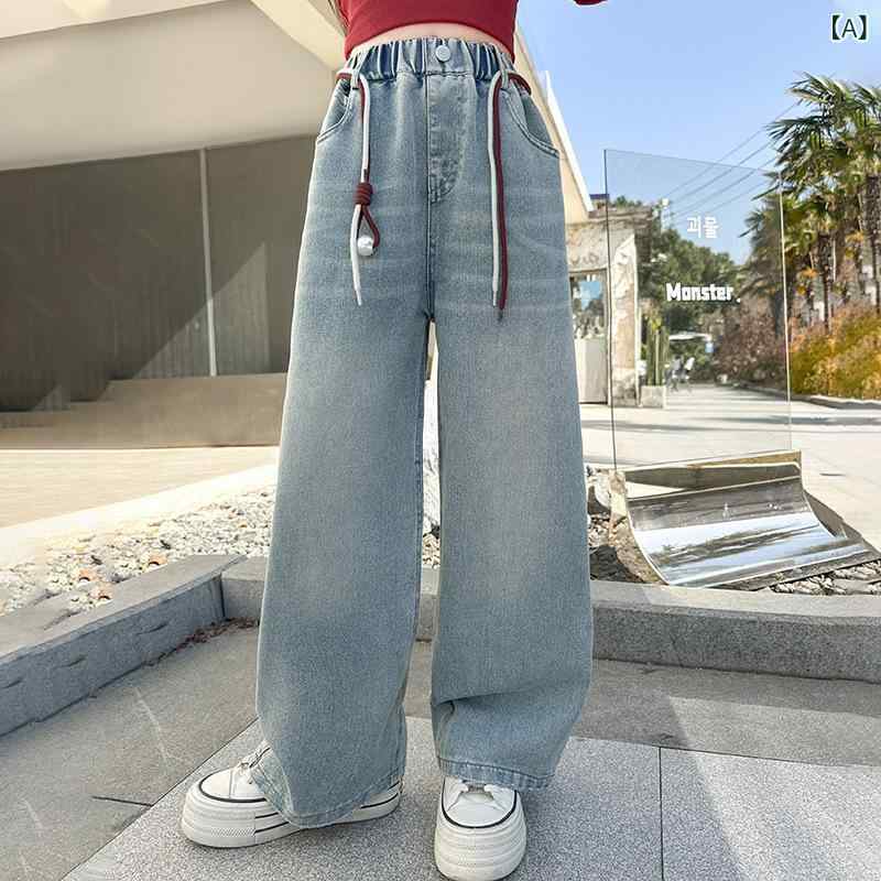子供服 パンツ 女の子 春秋 デニム ワイド ロング丈 カジュアル スポーツ パールベルト 綿 コットン ブルー 無地 韓国風 ジュニア ソフトタッチ ミドルウエスト ゴムウエスト 4,430円