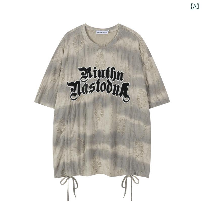 Tシャツ 男女兼用 アメカジ レトロ カジュアル ウォッシュ加工 グラデーション ロゴ刺繍 ドローストリング 半袖 クルーネック ゆったり オーバーサイズ ポリエステル トップス 夏 サマー アプリコット 個性派デザイン