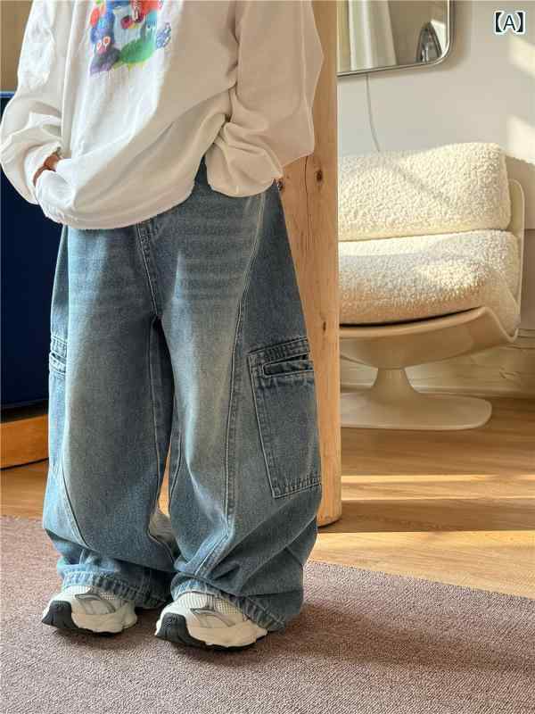 デニムパンツ キッズ 男の子 女の子 男女兼用 3歳 8歳 100cm 140cm 秋冬 韓国風 トレンド カジュアル ワーク カーゴ 切り替え ストレート ゆったり 綿 柔らか ウエストゴム ロングパンツ 長ズボン 通園 通学 普段使い