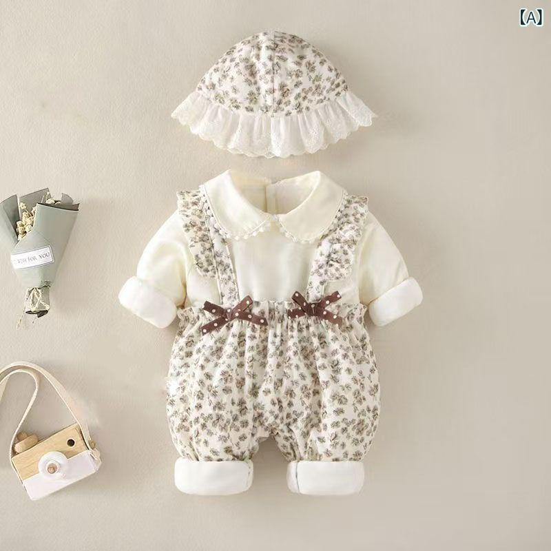 ロンパース 女の子 ベビー 秋冬 防寒 裏起毛 中綿入り あったか 厚手 かわいい カバーオール お出かけ着 綿混 ポリエステル ベージュ
