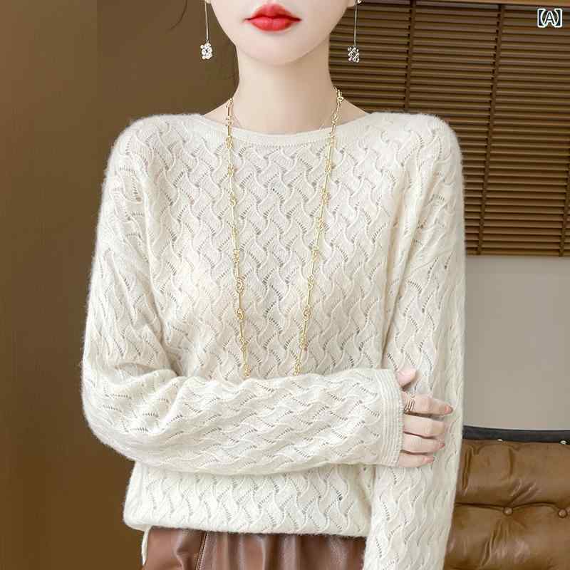 編み物 レディース 秋冬 カシミール オフショルダー ゆったり 厚地の外套大きさ 透かし編み かぎ針編み 長袖 ティーシャツ 成年者窈窕たる 伸び伸びする相応う デイリー青少年 トップス