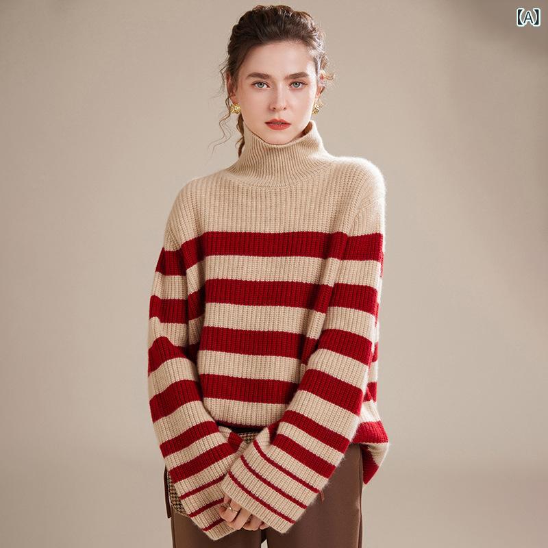 ニットトップス レディース ハイネック カシミヤ100% 肉厚 レトロ ボーダー ゆったり ドロップショルダー 通勤 オフィス カジュアル 秋冬 キャメル レッド
