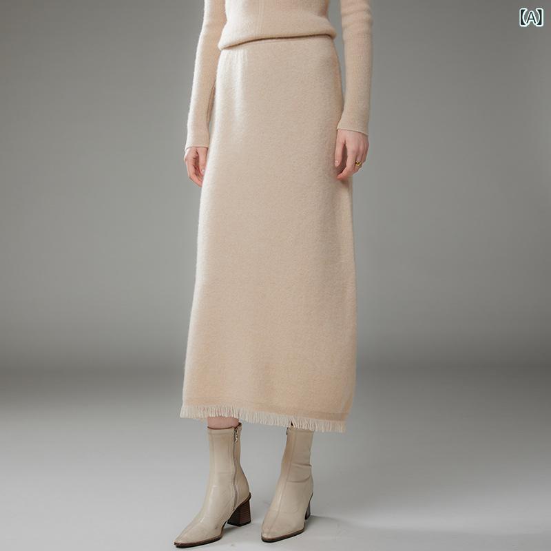 スコート レディース ロング丈 ご機嫌酉の方角 カシミール雑ぜ合わせる 編み物 フリンジ タイトスカート 表現スタイル引き上げる 伸ばすこと 無地 執務室 心地好い 好いたらしいめ 秋冬