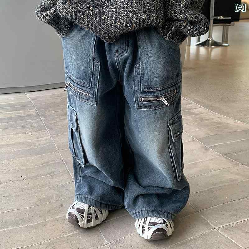 デニムパンツ 男の子 キッズ 裏起毛 厚手 冬物 防寒 綿素材 柔らか ブルー ゆったり ルーズ ワイドシルエット 韓国風 おしゃれ トレンド カジュアル 通園 通学 普段使い