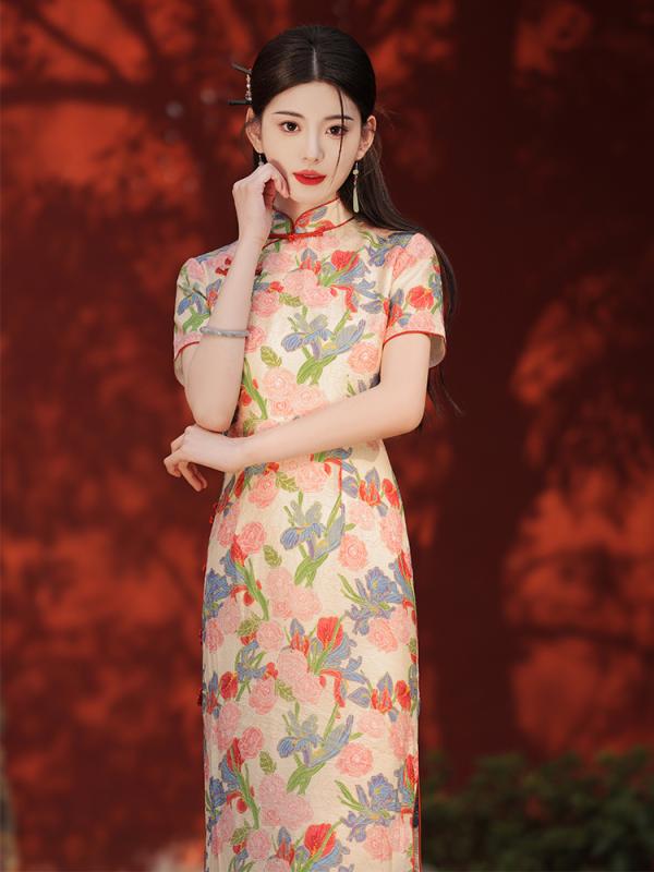チャイナドレス レディース 女性用 新中式 中国風 レトロ ヴィンテージ ローズプリント バラ柄 春夏 スタンドカラー 3分袖 ハイサイドスリット 再生繊維 ポリエステル