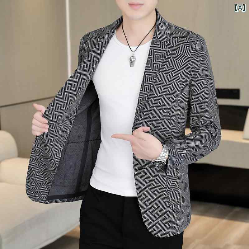 ジャケット メンズ 男性用 春夏 カジュアル 韓国スタイル スリムフィット 細身 1つボタン テーラードカラー ノーアイロン 形態安定 小花柄プリント ポリエステル グレー ブラウン