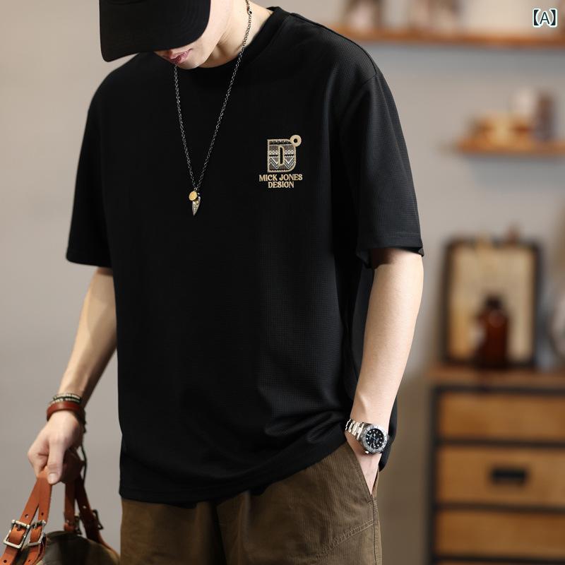 Tシャツ メンズ 厚手 ワッフル ヘビーウェイト 半袖 クルーネック ロゴ刺繍 ゆったり オーバーサイズ コットン カジュアル 夏 トップス 抗菌 ベーシック