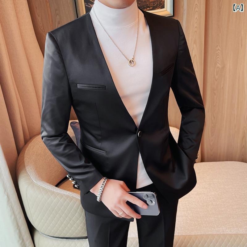 上衣 メンズ 成人男性用 否色つや 襟なし テーラードジャケット アウター シングル 一往名取り草 心地よい ビジカジ 商行為 か細い 細身 長袖 無地 春夏 ポリエステル混 黒いこと 緑であること