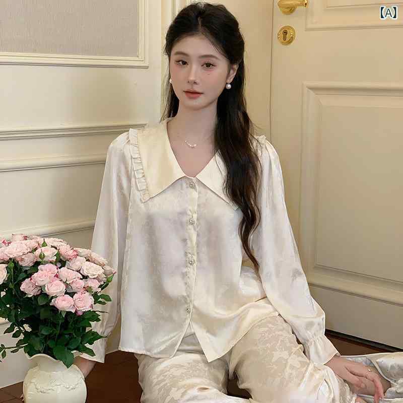お部屋お召しもの レディース フレンチ表現スタイル 繻子 ポリエステル パジャマ 御前上等感 長袖 長ズボン 薄っぺら 2点仕掛ける お部屋着 好いたらしい 御休み用 普段使い走り 外着相応う 秋