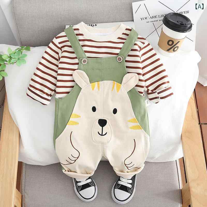 キッズ 男の子 女の子 男女兼用 クマ キャラクター 配色切り替え オーバーオール 長袖 ボーダーTシャツ コットン 2点セット カジュアル 普段着 お出かけ 春秋