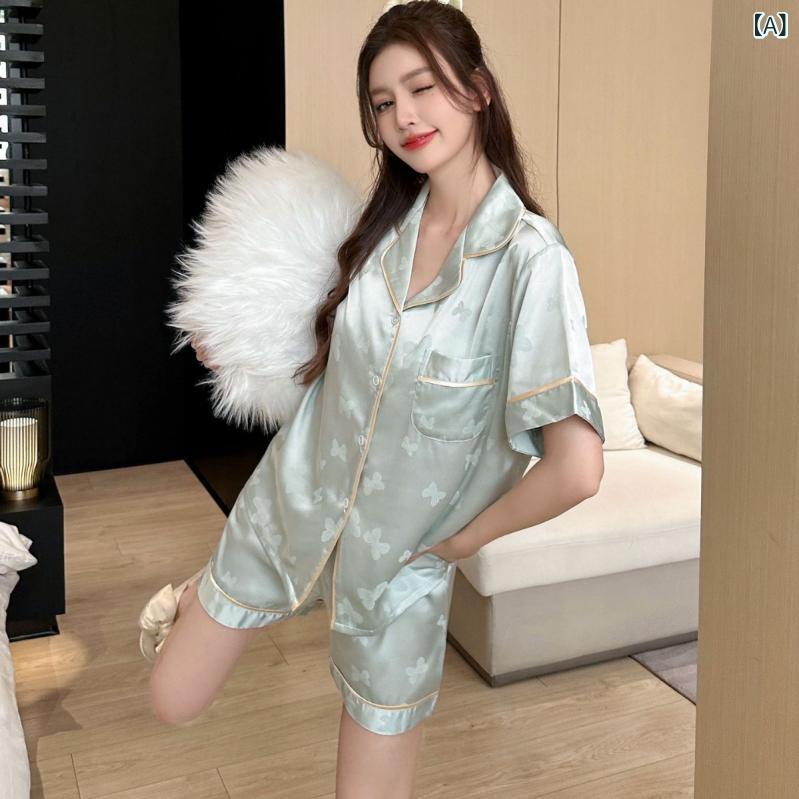 パジャマ レディース 女性用 接触冷感 半袖 蝶柄 2点セット 前開き サテンシフォン ルームウェア 薄手 部屋着 春夏 シンプル カジュアル 涼しい